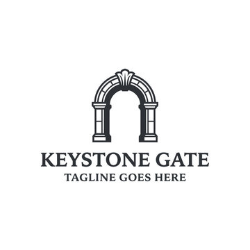 Stone archway logo with keystone for architecture.