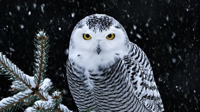 Majestic Snowy Owl Perched on Pine Branch in Winter Snowfall.