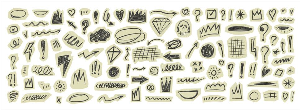 Scribble doodle stickers set on notebook grid background. Crayon or pencil drawn doodle on torn edges collage blue paper. Pen note scribbles scrapbook clip art.