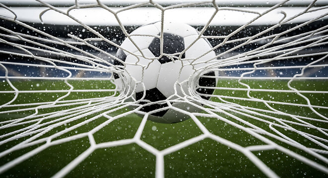 A black and white soccer ball hitting the white mesh net of a goal, with water droplets splashing on the net during a rainy outdoor match game