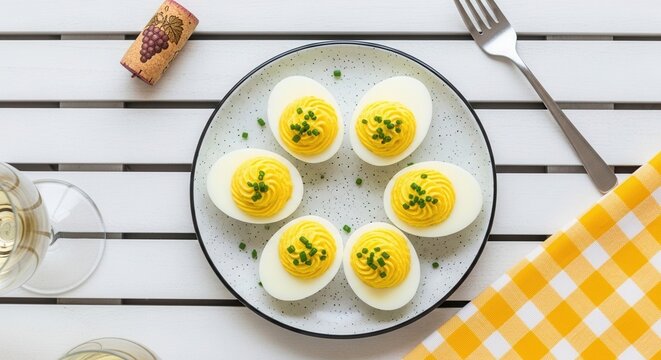 Six Perfectly Prepared Deviled Eggs Garnished with Chives on a Round Plate