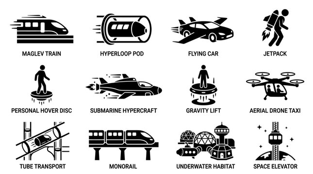Futuristic Transportation and Technology Icon Set.
