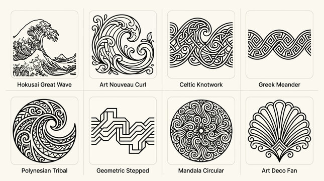 Set of decorative wave and ornamental design elements in various artistic styles.