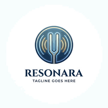 Tuning fork logo design with sound wave resonance circles in an elegant blue and gold emblem.