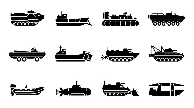Set of military amphibious vehicle silhouettes.
