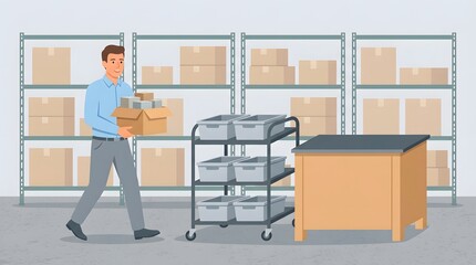 Fototapeta premium Warehouse Worker with Packages: A male warehouse worker carefully carries a box of items past shelving units and a utility cart, illustrating logistics and inventory management.
