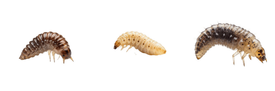 Maggot, Musca domestica, single larva profile posture, Muscidae family, house fly legless instar specimen, cylindrical tapering vermiform body, forensic entomology decomposition data reference