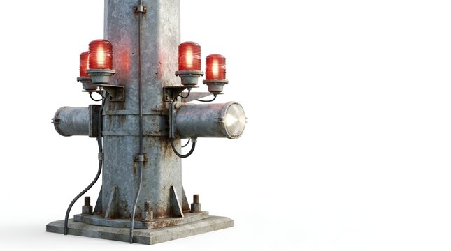 Industrial warning light pole with red flashing lights and spotlight
