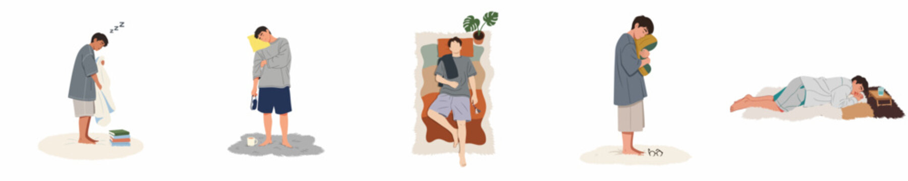 Illustrations of a tired young man in different sleepy poses, including standing with a pillow and sleeping on a rug, depicting exhaustion and rest.
