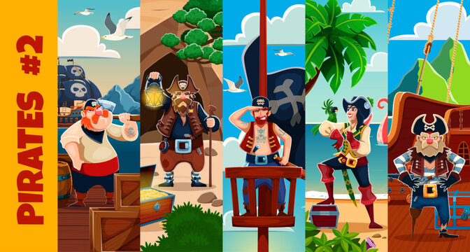Cartoon pirate and corsair characters. Boatswain and captain, watchman, skipper and sailor personages. Pirate woman captain and fighter cartoon characters on ship deck, treasure island beach and cave