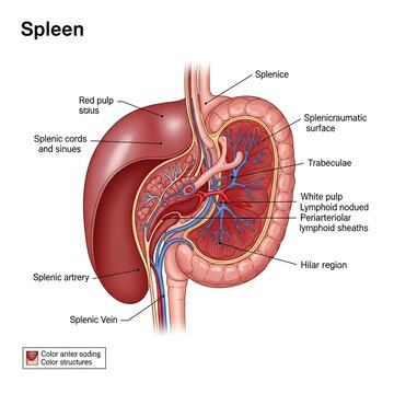 Detailed anatomical diagram of human spleen structure.