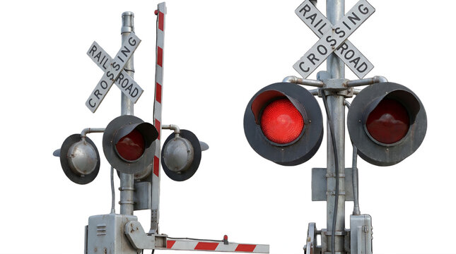Railroad crossing signal with red lights glowing at intersection vector illustration