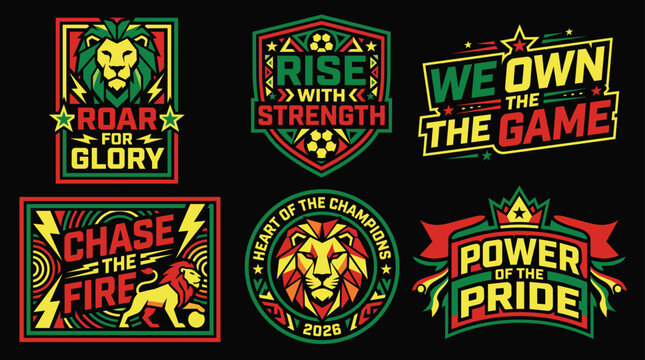 Lion emblems with motivational sport phrases in Rasta colors on black background