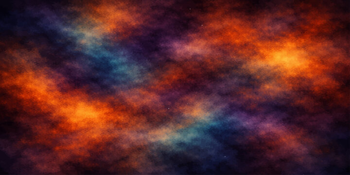An abstract grunge background texture featuring a seamless pattern of red and blue smoke clouds blending with orange fire flames and dark cosmic light space art