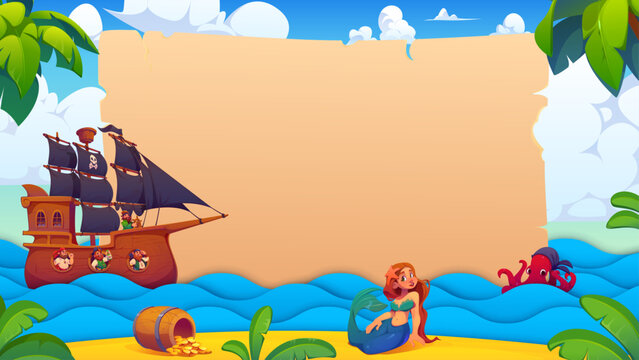 Papercut pirate banner with sail ship, funny sailors, mermaid and blue sea waves. Pirate banner with octopus on sandy beach, gold coins, palm trees and blank parchment for kids party invitations