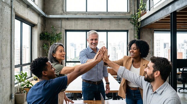 Diverse business team celebrating success in modern office with high fives and smiles