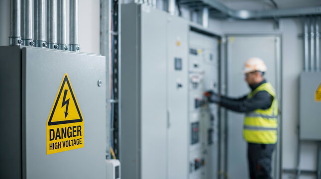 Electrical control panel with high voltage sign in industrial setting, representing energy infrastructure and safety.