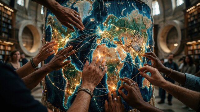 People's hands reaching out to touch a large, illuminated world map in a library setting.