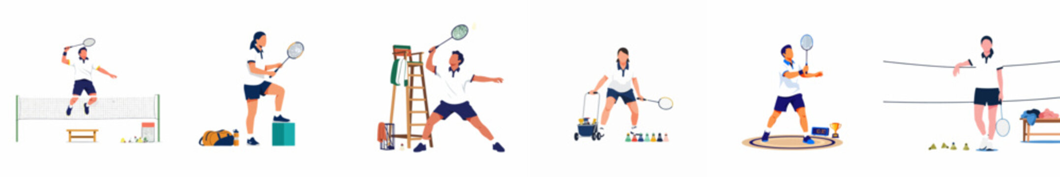 Set of flat vector illustrations featuring male and female badminton players in various training and competition poses on a white background.