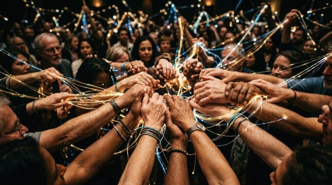 A group of people holding hands together in a circle, with a string of lights wrapped around their hands.