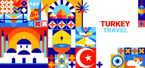 Turkey travel banner with geometric mosaic pattern. Turkish culture tiles of mosque with dome and minaret, crescent and star motif, traditional coffee pot, fountain, nazar eye, whirling dervish figure © Vector Tradition
