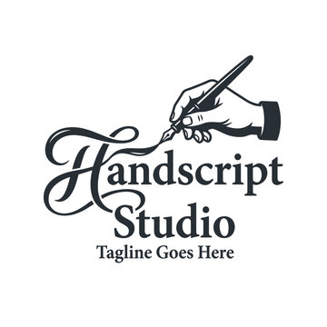 Vintage logo design featuring a hand holding a fountain pen writing elegant calligraphy for a creative studio
