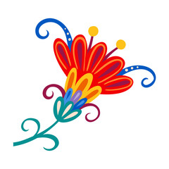 Obraz premium Mexican folk holiday graphic flower decoration with red petals and curly leaves. Mexican culture plant isolated object, Mexico folk colorful flower vector element. Hispanic ethnic nature decoration