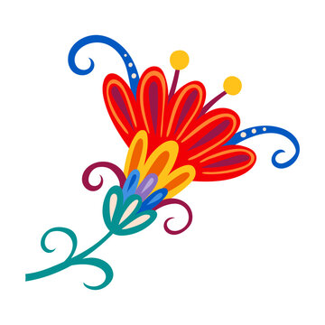 Mexican folk holiday graphic flower decoration with red petals and curly leaves. Mexican culture plant isolated object, Mexico folk colorful flower vector element. Hispanic ethnic nature decoration