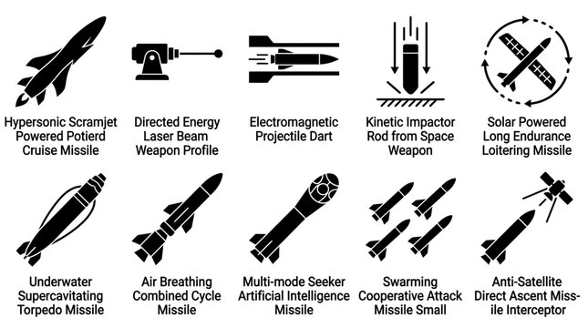 Modern Advanced Military Weaponry and Future Missile Technology Icons Set.