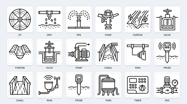 Set of agricultural irrigation and water management icons.