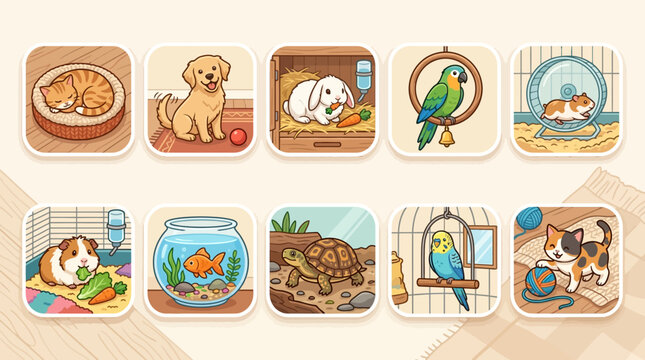 Set of cute cartoon icons with various domestic pets in their natural environments.
