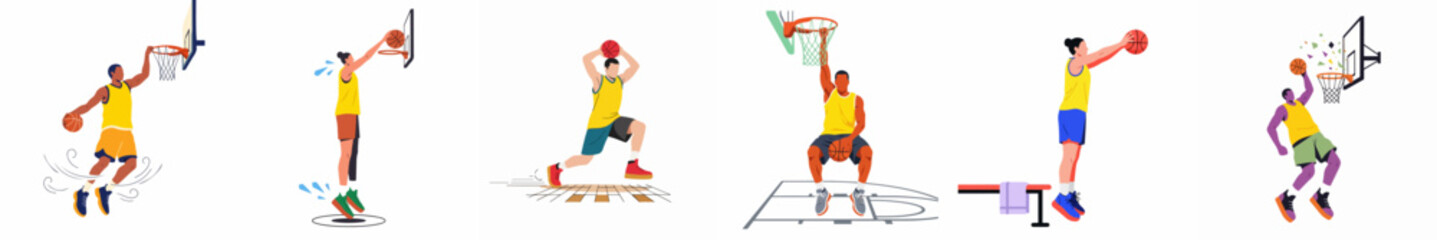 Set of flat vector illustrations of male and female basketball players in dynamic action poses like dunking and shooting on a white background. © Mairiko