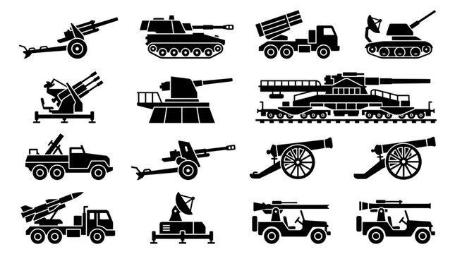 Set of military artillery and heavy weaponry icons.