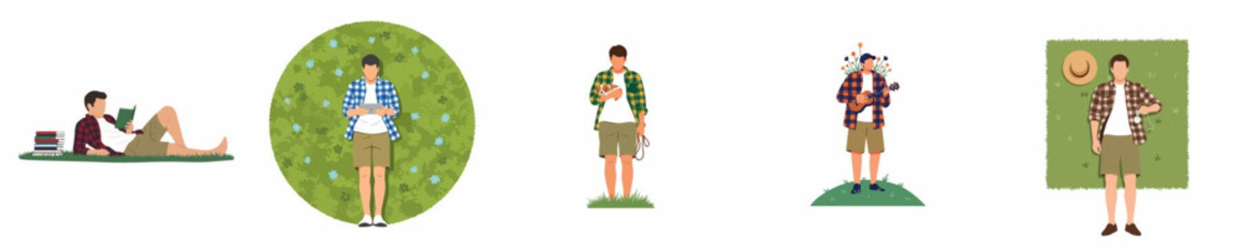 Collection of vector illustrations showing a man in casual clothes engaging in different outdoor hobbies like reading, using technology, pet care, and music.