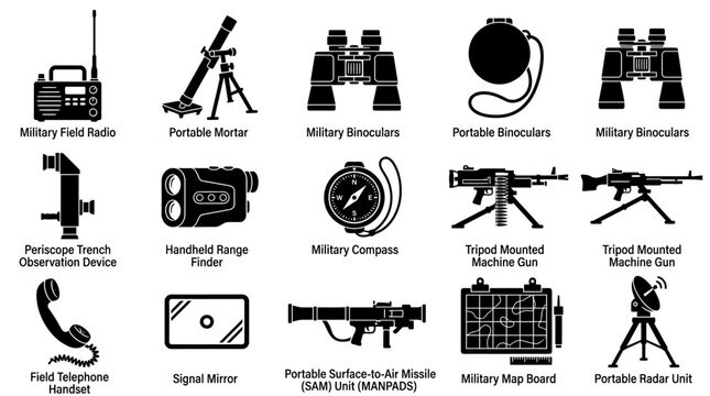 Set of military equipment and army gear icons.