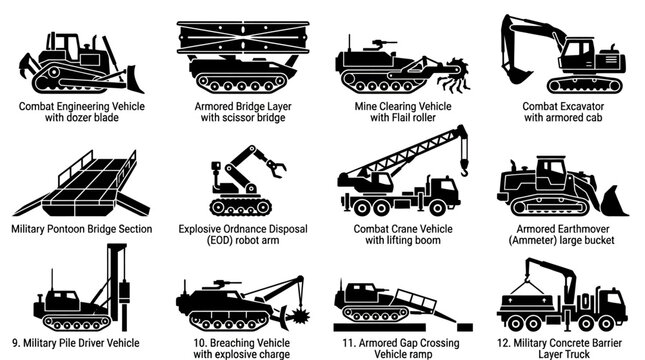 Set of military engineering and construction vehicle icons.