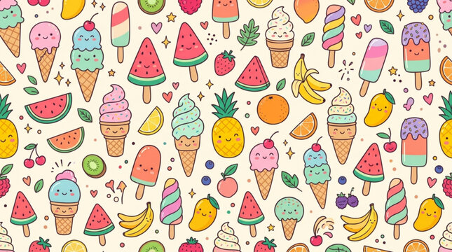 Cute popsicles and ice cream cones with watermelon pineapple and fruit slices in a playful summer pattern