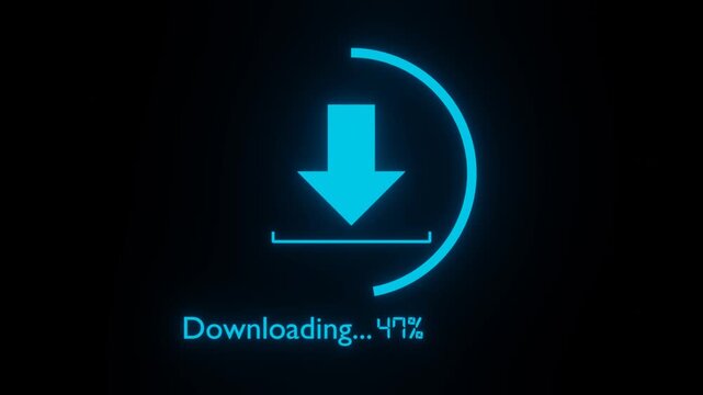 Downloading progress animation with cyan neon glowing arrow and circular ring on dark background