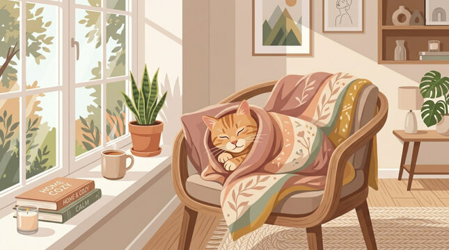 Cozy orange cat sleeps peacefully wrapped in a colorful blanket on a wooden chair near a sunlit window surrounded by plants and books in a warm inviting living room setting