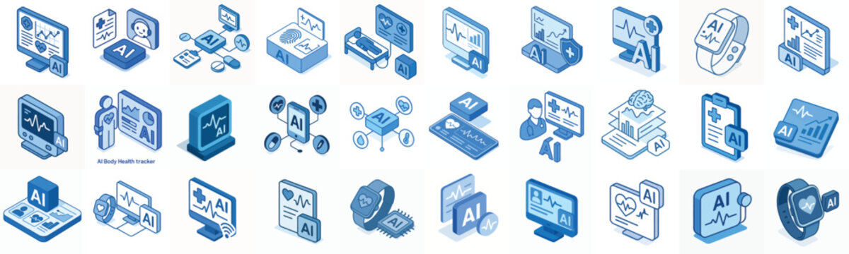 isometric vector icon AI Health monitoring blue color