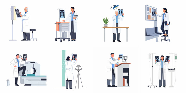 Set of diverse doctors examining X-ray scans in various hospital settings, diagnostic medicine vector illustrations for healthcare and clinical concepts.