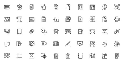 Printing icon set. Minimal linear icons. Vector illustration. Featuring printer cartridges, 3D printed, greeting card, sticker, text, paper, ink, 3D printer, balloon, printing and more. © wang