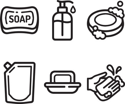Hygiene icons, soap, bathroom symbols, cleaning vector set