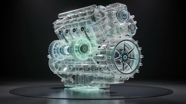 Transparent Engine Model Rotating Display Detailed Mechanical Engineering Cutaway