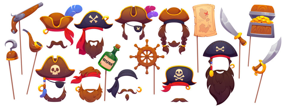 Cartoon pirate photo booth masks and props for kids birthday party or carnival. Vector photo booth face masks of funny captain pirate and sailor corsair with hats and eye patches, hook and sword props