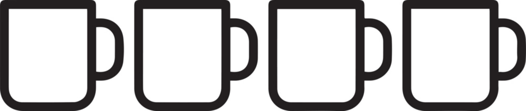 Black coffee mug icons, vector cup graphics, simple mug illustrations, coffee cup outlines