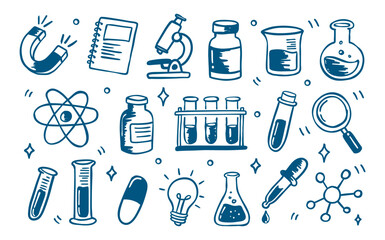 Hand drawn chemistry laboratory doodle elements with microscope, test tubes, flasks, beakers, atom, magnet, light bulb and science tools isolated on white © luqart97