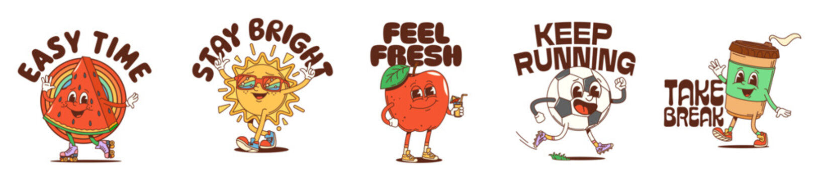 Cartoon y2k groovy funky summer travel character stickers or retro patches. Watermelon, sun, apple, soccer ball and coffee cup easy time, stay bright, feel fresh, take a break and keep running slogans