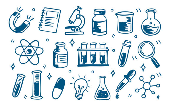Hand drawn chemistry laboratory doodle elements with microscope, test tubes, flasks, beakers, atom, magnet, light bulb and science tools isolated on white