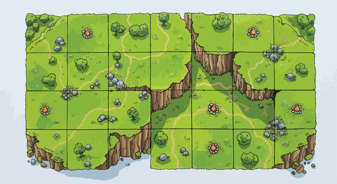 Isometric game map tiles, green meadow landscape with cliffs and forest paths, modular world building vector kit for mobile gaming and level design